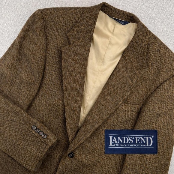 VTG Lands' End Herringbone Tweed Sport Coat Blazer Men 40R Brown Wool Lambswool
